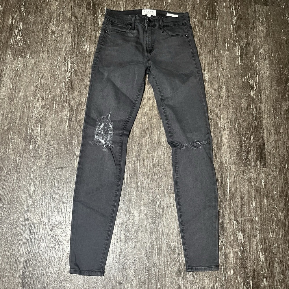 Frame Denim Women's Le High Skinny Jeans Black‎ Size 24 Distressed